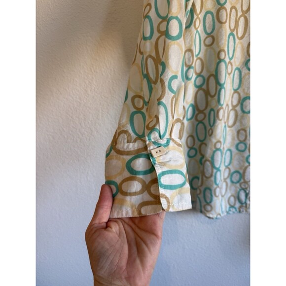 Multiples Women's Turquoise Tan Button Down Tunic Shirt Long Sleeve Asymmetric M - Picture 3 of 11